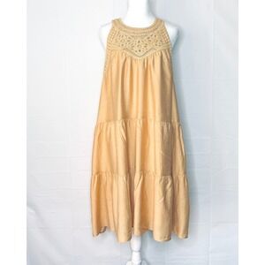 BTFBM Dress Crochet Lace Boho Babydoll XL Cottagecore Yellow Womens Summer